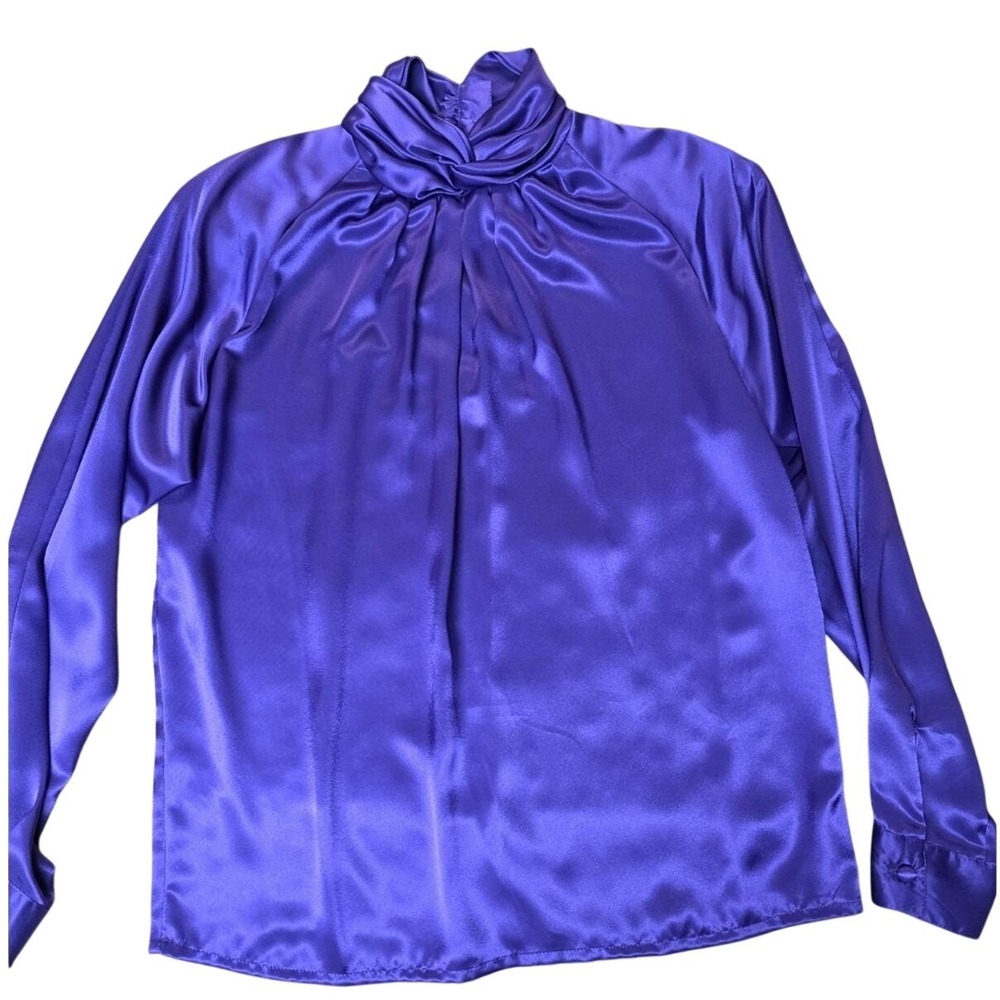 Vintage Purple Blouse Long‎ Sleeve High Neck Sz 8 Buttons Pleats Secretary 80s